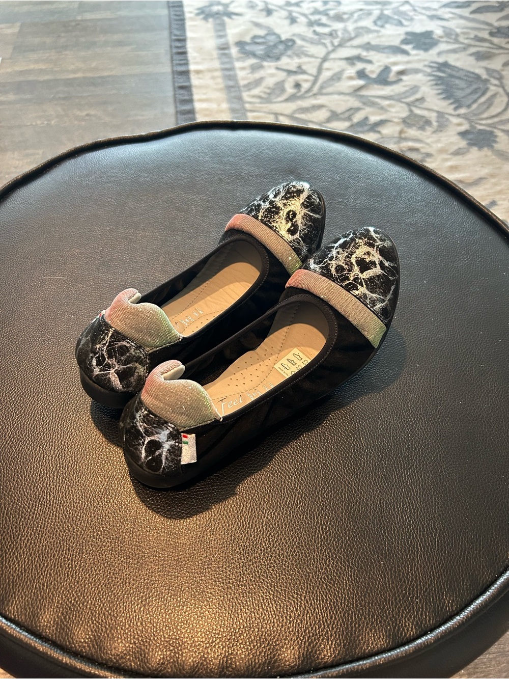 Black Marble-Print Slip-On Ballet Flats with Iridescent Strap